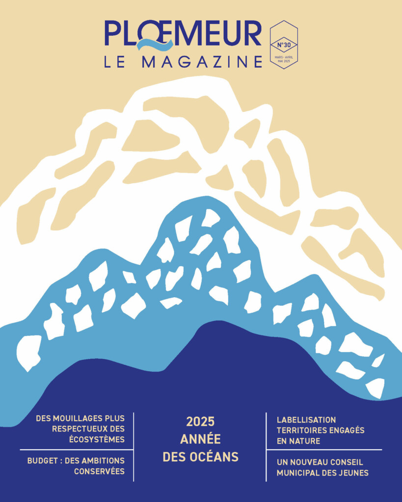 Première de couverture magazine mars 2025 - représentation de vagues et de sable